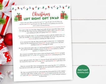 May include: A printable Christmas game instruction sheet with a red and green color scheme. The text reads "Christmas Left Right Gift Swap". The instructions explain how to play the game by passing a gift to the left or right when a specific word is said.