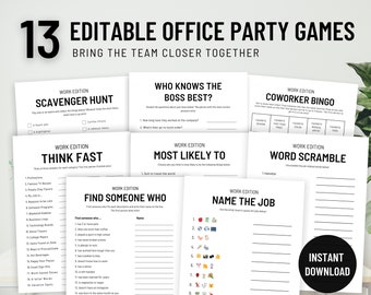 Bundel met kantoorspellen bewerkbaar, afdrukbare partygames op kantoor, werkfeestspellen, teambuildingspellen, werkretraitespellen, kantooractiviteiten