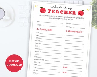 Teacher Favorites Survey, All About The Teacher Survey,  Classroom Wishlist, Teacher Survey, Teacher Appreciation Printable, Get to Know You
