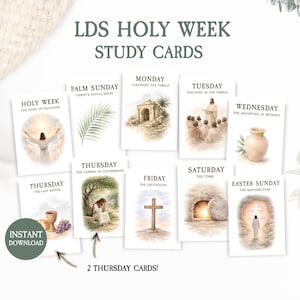 Könnte beinhalten: Ein Satz von LDS Holy Week Study Cards. Jede Karte zeigt Aquarellillustrationen und Text, der Ereignisse der Karwoche beschreibt, darunter Palmsonntag, Montag, Dienstag, Mittwoch, Donnerstag, Freitag, Samstag und Ostersonntag. Die Karten sind mit "Instant Download" beschriftet.
