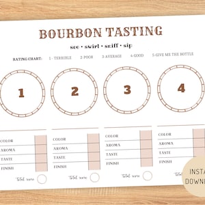 Jogo americano de degustação de Bourbon para impressão, degustação de voo de Bourbon, folha de degustação de Bourbon, degustação de Bourbon, cartão de pontuação de degustação de voo de Bourbon