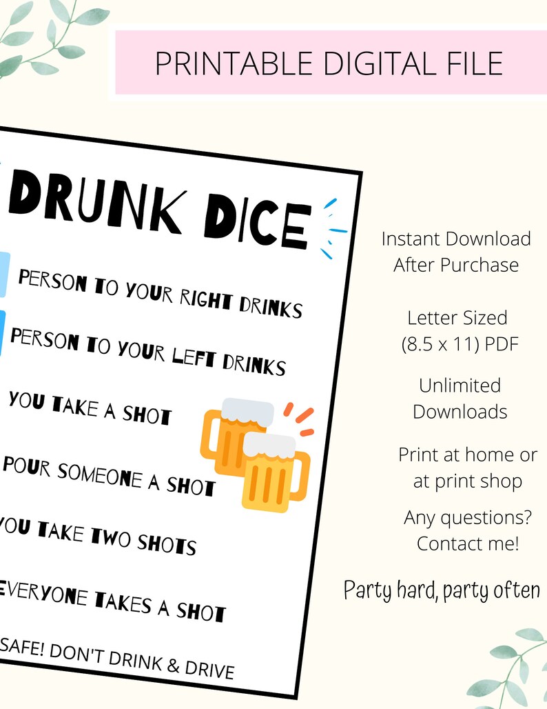 drunk dice game drinking games printable party games party