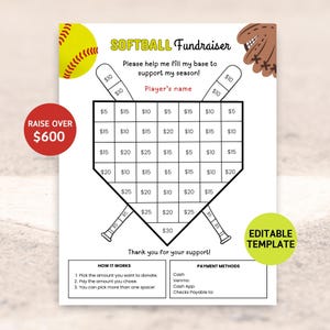 Volantino di raccolta fondi per softball modificabile, Riempi la mia base Raccolta fondi per softball, Colora la mia base, Raccolta fondi di squadra, Viaggio softball, Sponsor di softball