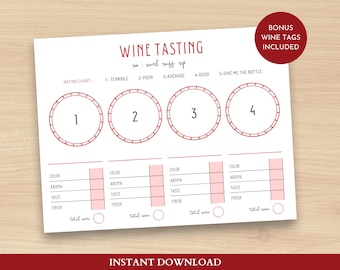 Wine Tasting Sheet 4 Wines, Wine Tasting Card, Printable Wine Tasting Scorecard, Wine Tags, Blind Tasting Scoresheet, Wine Rating Sheets