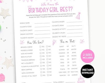 Who Knows The Birthday Girl Best, Birthday Girl Trivia Game, Teen Birthday Game, Would She Rather Game, Printable Birthday Party Game Girl