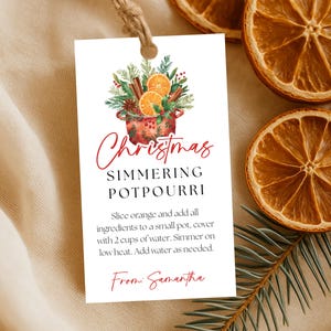 以下が含まれることがあります： 「Christmas Simmering Potpourri」のテキストと説明が書かれた白いタグ。オレンジ、シナモンスティック、緑の植物が描かれた水彩画のイラストが特徴です。乾燥したオレンジのスライスが散らばっています。
