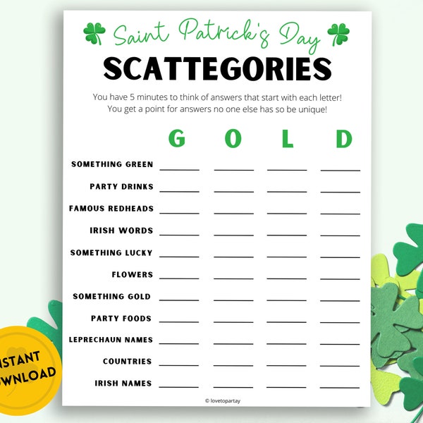 Saint Patrick's Day Game, St. Patrick's Day Games, St Patty's Day Game, Saint Patricks Games, Fun St Patrick Games, St Patricks Scattegories