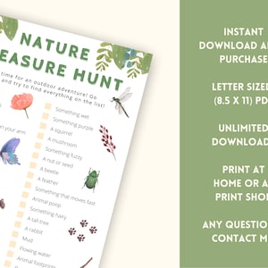 May include: A printable nature treasure hunt checklist with illustrations of a butterfly, a beetle, a dragonfly, a bird, a flower, a tree, and paw prints. The checklist includes items to find outdoors such as a caterpillar, a smooth rock, a leaf, a stick longer than your arm, a piece of moss, a butterfly, a yellow flower, something orange, berries, something shiny, something wet, something purple, a squirrel, a mushroom, something fuzzy, a nut or seed, a beetle, a feather, something that moves fast, animal poop, something hairy, a tall tree, a rabbit, mud, flowing water, and animal footprints.