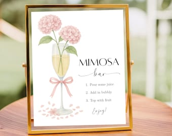 Pink Hydrangea Mimosa Bar Sign, Bridal Shower Mimosa Bar Sign, Brunch Baby Shower Sign, Pink Wedding Mimosa Sign, Editable Template