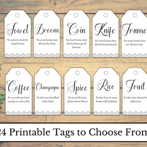 May include: Twenty-four printable gift tags with a variety of designs and sayings. The tags are white with black text and feature a variety of themes, including home, food, and love. The tags are perfect for adding a personal touch to gifts.