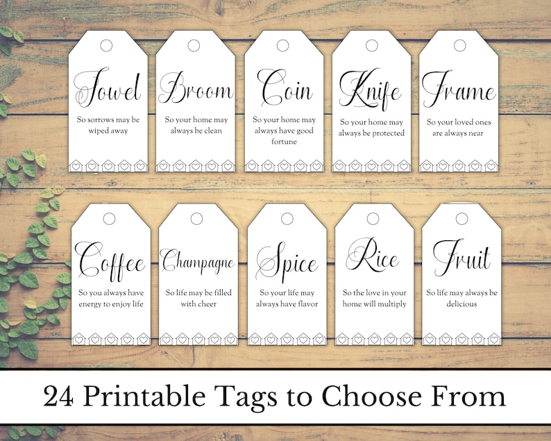 May include: Twenty-four printable gift tags with a variety of designs and sayings. The tags are white with black text and feature a variety of themes, including home, food, and love. The tags are perfect for adding a personal touch to gifts.