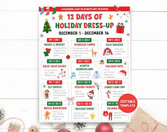 12 days of christmas dress up calendar 12 Days of Christmas Dress Up Flyer, Holiday School Spirit Week Schedule,  Office Spirit Week Itinerary, Editable Template