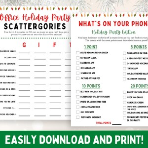 Puede incluir: Un juego imprimible para una fiesta navide&ntilde;a de oficina. El juego se llama "Scattergories" y tiene una lista de categor&iacute;as como "Merienda de la sala de descanso", "Ocupaci&oacute;n" y "Formas de ir al trabajo". El segundo juego se llama "What's on Your Phone? Holiday Party Edition" y tiene una lista de elementos para marcar, como "Selfie con rojo o verde", "Establecer alarma" y "Aplicaci&oacute;n de Facebook".