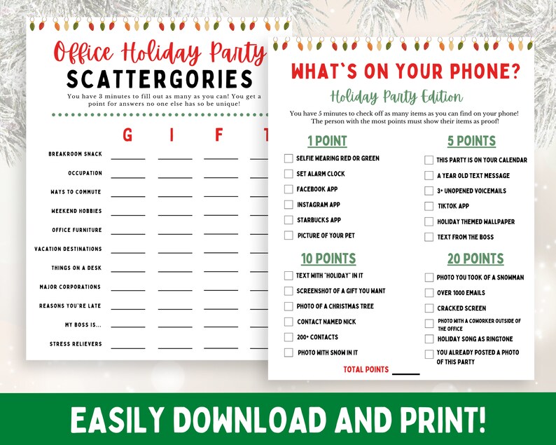 Puede incluir: Un juego imprimible para una fiesta navide&ntilde;a de oficina. El juego se llama "Scattergories" y tiene una lista de categor&iacute;as como "Merienda de la sala de descanso", "Ocupaci&oacute;n" y "Formas de ir al trabajo". El segundo juego se llama "What's on Your Phone? Holiday Party Edition" y tiene una lista de elementos para marcar, como "Selfie con rojo o verde", "Establecer alarma" y "Aplicaci&oacute;n de Facebook".