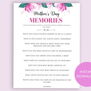 Op de afbeelding: Een printbaar Moederdag-geheugenspel met roze bloemmotieven. Het spel bevat vragen om je te helpen je moeder beter te leren kennen. De tekst op het spel zegt "Moederdag-herinneringen".