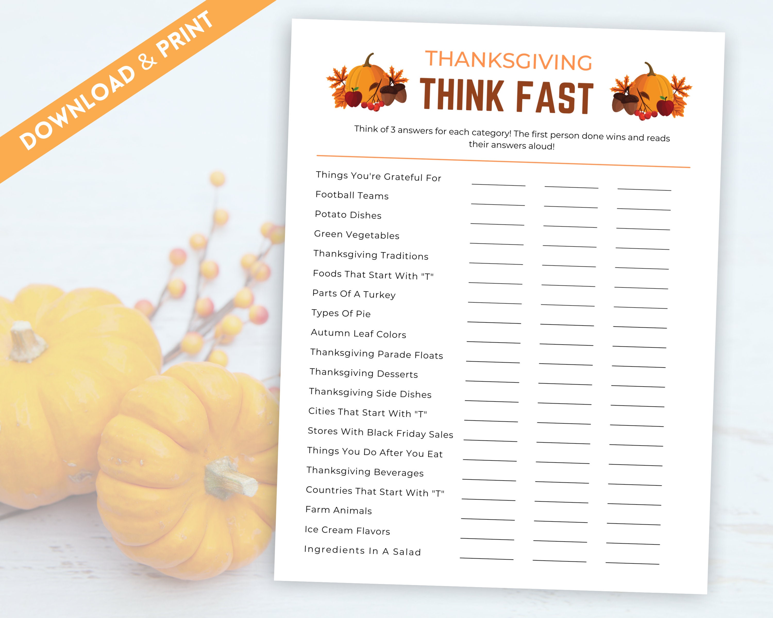 Thanksgiving Trivia Game, Think Fast Game, Thanksgiving Printable Games,  Fun Friendsgiving Game, Zoom Game, Family Game, Instant Download