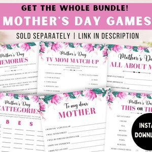 Op de afbeelding: Een set van zes printbare Moederdag-spelkaarten met bloemenmotieven in roze en groen. De kaarten bevatten spellen zoals "Herinneringen", "TV-Moeder Match", "Alles over Moeder", "Scattegories", "Aan mijn lieve Moeder" en "Dit of Dat?" De tekst "Direct downloaden!" staat ook op de kaarten.
