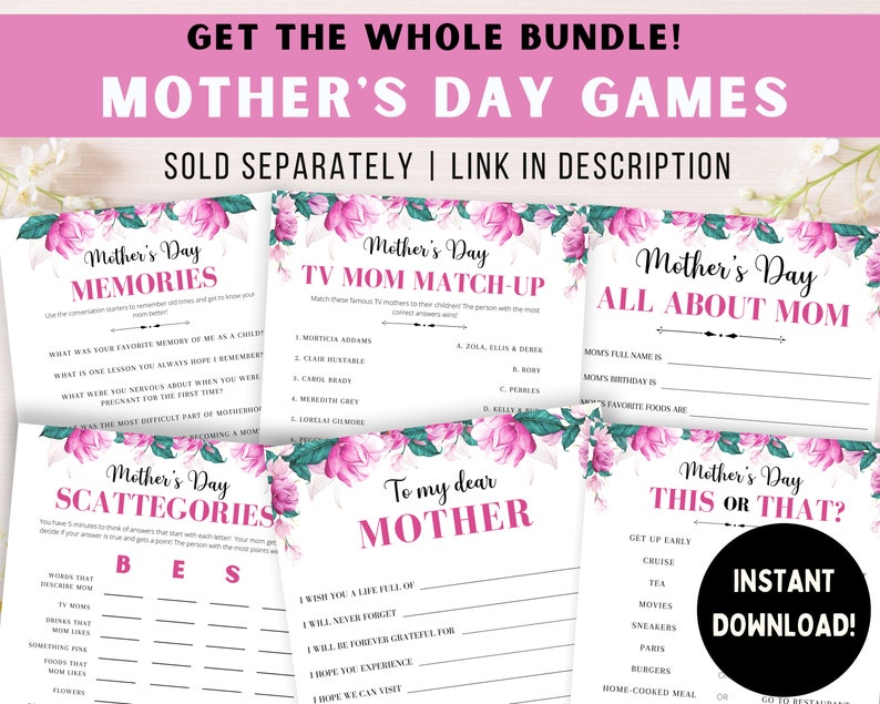 Op de afbeelding: Een set van zes printbare Moederdag-spelkaarten met bloemenmotieven in roze en groen. De kaarten bevatten spellen zoals "Herinneringen", "TV-Moeder Match", "Alles over Moeder", "Scattegories", "Aan mijn lieve Moeder" en "Dit of Dat?" De tekst "Direct downloaden!" staat ook op de kaarten.
