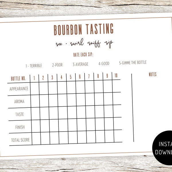 Bourbon Tasting Scorecard, Bourbon Tasting Scorecard, Printable Bourbon Tasting Sheet, Bourbon Tasting, Bourbon Flight Tasting Score Card