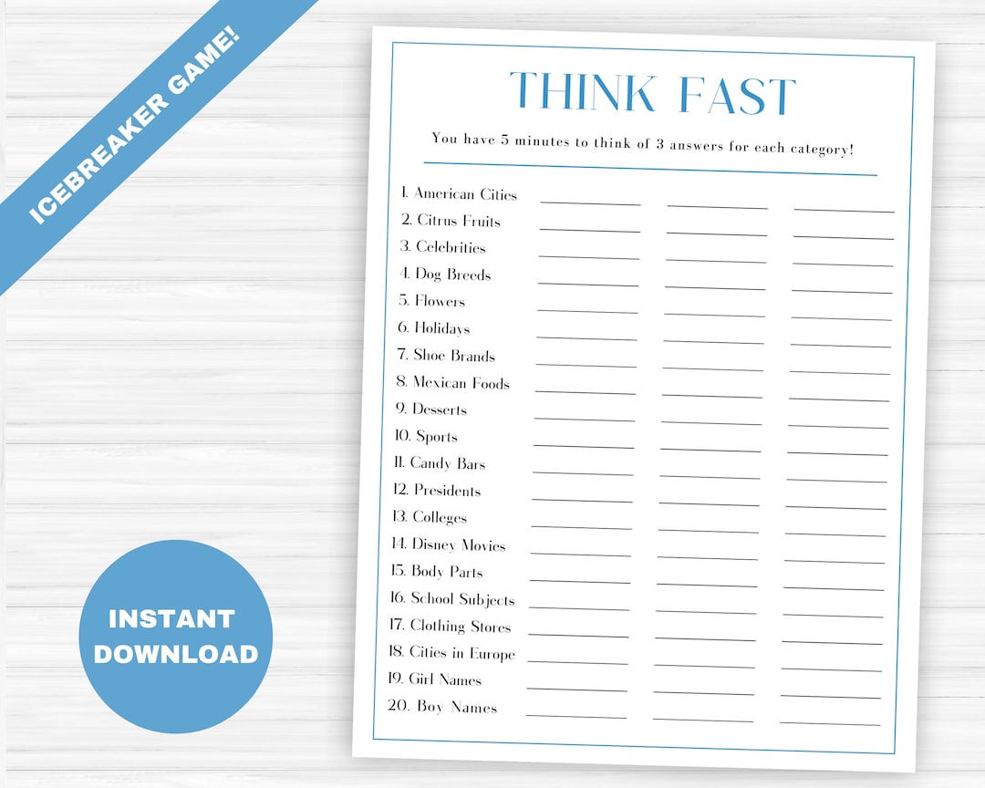 Think Fast Icebreaker Game Printable | Instant Download