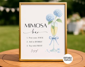 Blue Hydrangea Mimosa Bar Sign, Bridal Shower Mimosa Bar Sign,  Brunch Baby Shower Sign, Dusty Blue Wedding Mimosa Sign, Editable Template