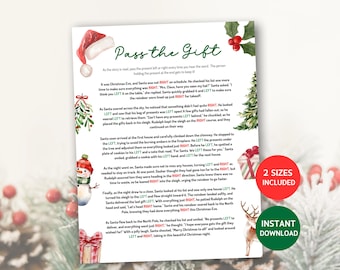 May include: A printable Christmas game titled "Pass the Gift" with a Santa hat and Christmas tree illustrations. The game includes text with the words "left" and "right" in the story. Includes "2 Sizes Included" and "Instant Download" text.