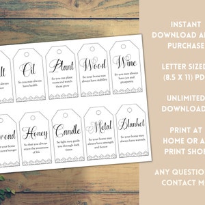 May include: Printable housewarming gift tags with a white background and black text. The tags feature a variety of items, such as salt, oil, plant, wood, wine, bread, honey, candle, metal, and blanket. Each tag includes a short phrase about the item and its significance for a new home.