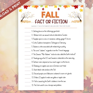Könnte beinhalten: Ein druckbares Herbst-Wahrheits- oder-Falschheits-Spiel mit 15 Fragen über die Jahreszeit. Die Fragen sind in schwarzer Schrift auf weißem Hintergrund mit einem herbstlichen Rand geschrieben.