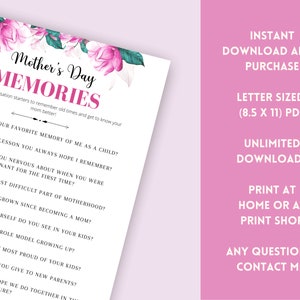 Op de afbeelding: Printbare Moederdag-herinneringsspel met roze bloemenontwerp. Het spel bevat gespreksstarters om je te helpen oude tijden te herinneren en je moeder beter te leren kennen. De printbare is letterformaat (8,5 x 11 inch) en bevat onbeperkte downloads.