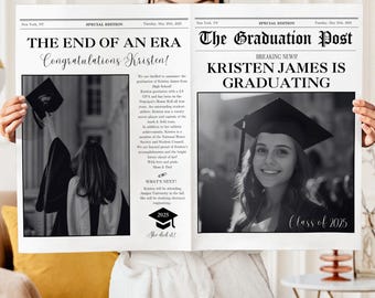 Modello di giornale di laurea, annuncio di laurea stampabile, invito alla festa di laurea, giornale di laurea per servizio fotografico, laureato senior