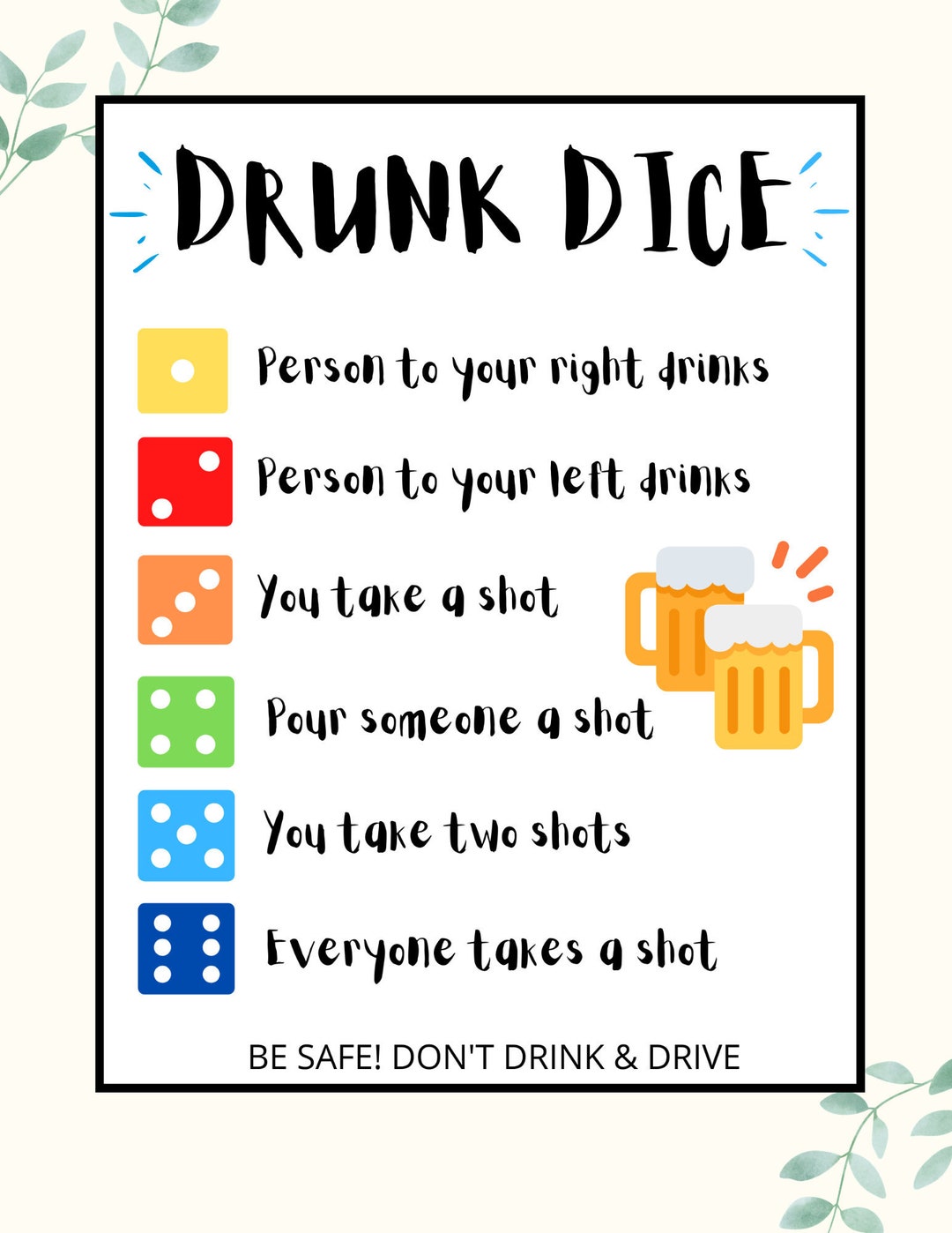 Drunk Dice Drinking Game Great for Pre-games Parties Bachelorette Parties  Available as a Digital Download 