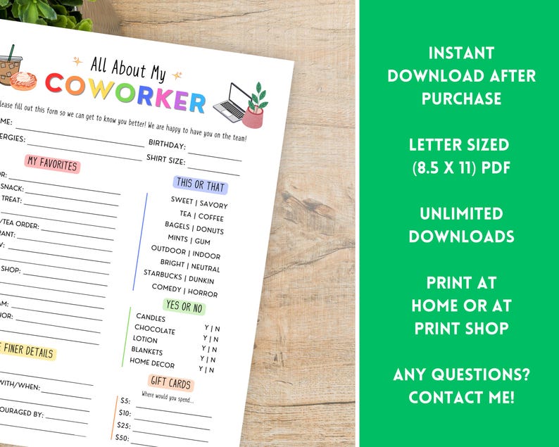 All About My Coworker Editable, Coworker Favorite Things Survey, New Employee, Employee