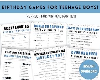 Op de afbeelding: Een verzameling printbare verjaardagsspellen voor tienerjongens. De spellen omvatten "Scattegories", "Would He Rather", "Selfie Scavenger Hunt", "What's On Your Phone", "How Well Do You Know The Birthday Boy" en "Ever Or Never". De spellen zijn ontworpen voor virtuele feestjes.