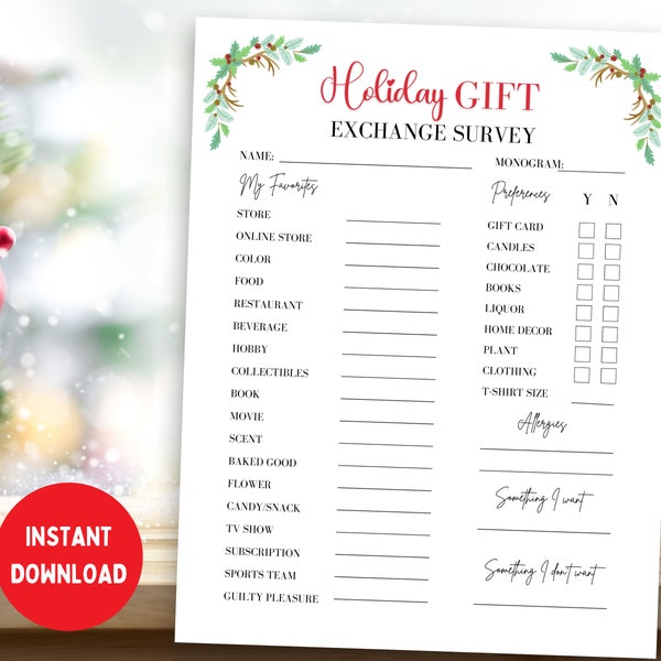 Holiday Gift Exchange Survey,  Holiday Gift Exchange Questionnaire, Printable Christmas Gift Exchange Survey, Secret Santa Questionnaire