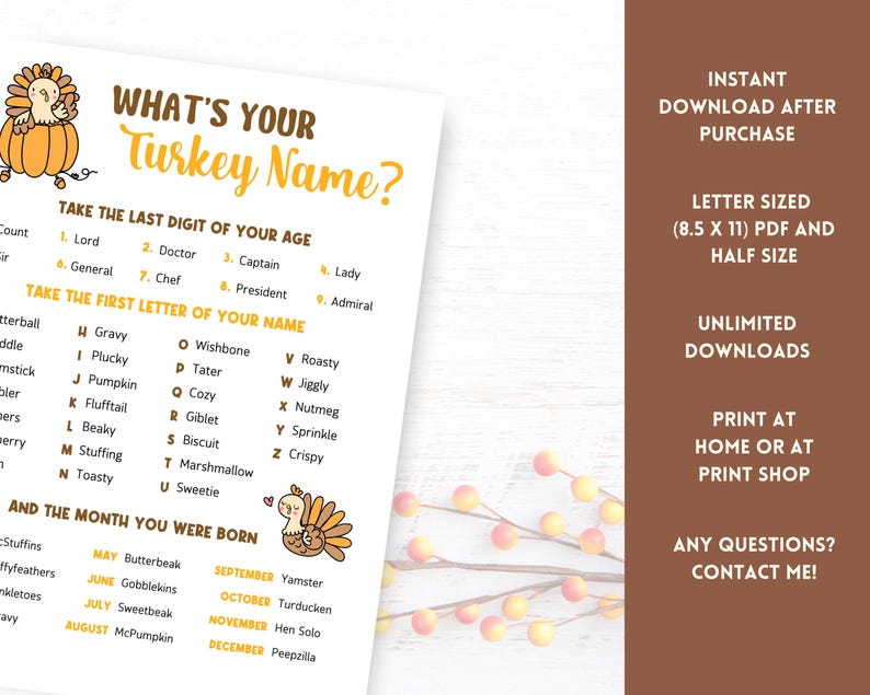 What's Your Turkey Name, Printable Thanksgiving Game, Office