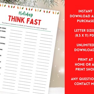 Puede incluir: Una hoja de juego de vacaciones imprimible con el t&iacute;tulo "Holiday Think Fast". La hoja tiene una lista de 18 categor&iacute;as con temas navide&ntilde;os, como canciones navide&ntilde;as, comidas navide&ntilde;as y rellenos de calcetines. Las instrucciones indican que los jugadores tienen 5 minutos para pensar en 3 respuestas para cada categor&iacute;a.