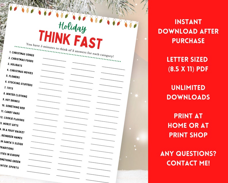Puede incluir: Una hoja de juego de vacaciones imprimible con el t&iacute;tulo "Holiday Think Fast". La hoja tiene una lista de 18 categor&iacute;as con temas navide&ntilde;os, como canciones navide&ntilde;as, comidas navide&ntilde;as y rellenos de calcetines. Las instrucciones indican que los jugadores tienen 5 minutos para pensar en 3 respuestas para cada categor&iacute;a.