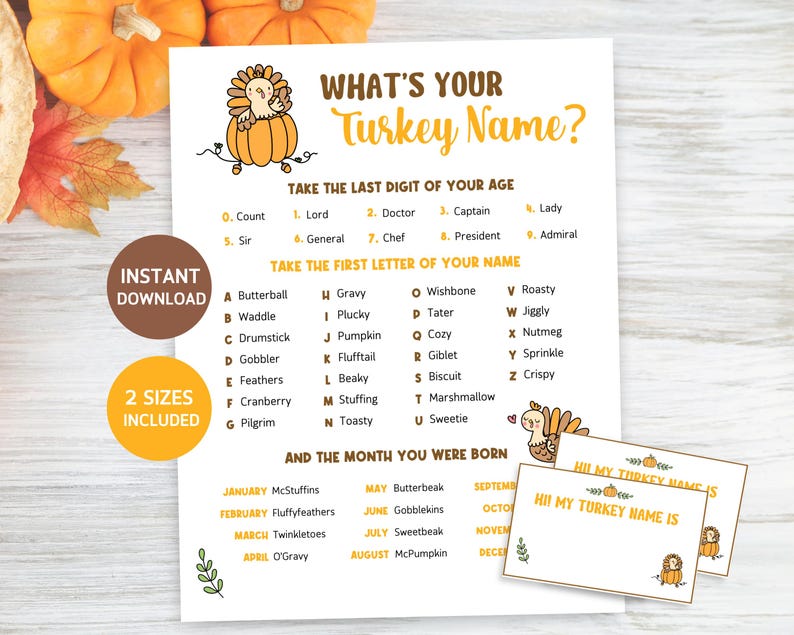 What's Your Turkey Name, Printable Thanksgiving Game, Office