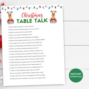 Könnte beinhalten: Ein druckbares Weihnachts-Tischgespräch-Spiel mit festlichem Design. Der Titel "Christmas Table Talk" ist in Rot und Grün gehalten, mit Rentier- und Geschenkillustrationen. Enthält 20 Fragen für Feiertagszusammenkünfte. Ein grüner "Sofort-Download"-Button ist sichtbar.