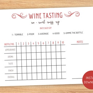 Wijnproeverijblad, wijnproeverijscorekaart afdrukbaar, wijnproeverijfeest, blinde proeverijscorekaarten, wijnbeoordelingsbladen, wijnproeverijkaarten