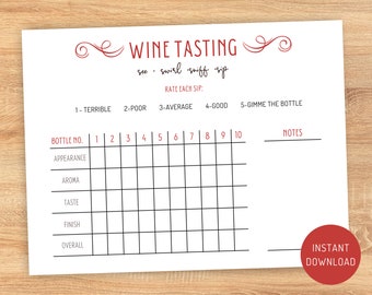 Foglio di degustazione di vini, Segnapunti di degustazione di vini stampabile, Festa di degustazione di vini, Segnapunti di degustazione alla cieca, Fogli di valutazione dei vini, Carte di degustazione di vini