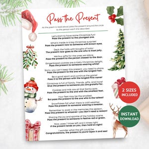 以下が含まれることがあります： 「Pass the Present」というタイトルの印刷可能なクリスマスパーティーゲーム。雪だるま、トナカイ、ギフトのイラストが描かれています。ゲームには、ギフトを回すための指示が書かれた詩が含まれています。2つのサイズが含まれており、すぐにダウンロードできます。