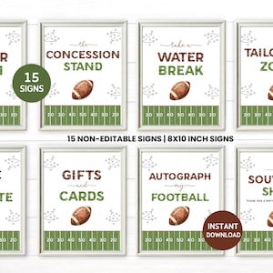 May include: Set of 15 football-themed signs, each framed in white. Signs include phrases like "Locker Room," "Concession Stand," and "Tailgating Zone." Each sign features a football graphic and a field design. Signs are 8x10 inches.