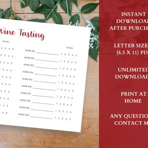 Wine Tasting Sheet, 20 Wines, Score Card, Wine Tasting Card Printable ...