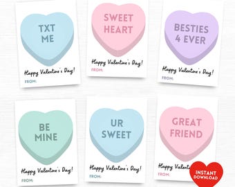 Valentine Cards for Tweens Teens, Conversation Hearts Valentine's Day Cards Printable, Valentine Greeting Cards for Students, Candy Hearts