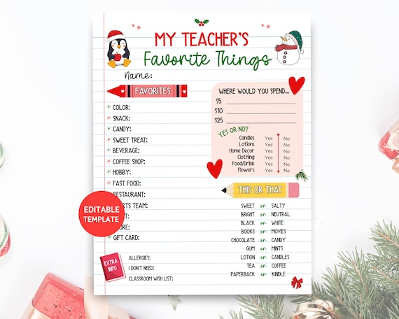 Teacher Christmas Wishlist Template, Holiday Teacher Favorite Things Questionnaire, Teacher Appreciation Gift Survey Form, PTA