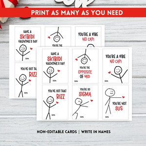 May include: Nine printable Valentine's Day cards featuring stick figures and humorous text. The cards include phrases like "You're a vibe, no cap!" and "You've got that rizz".