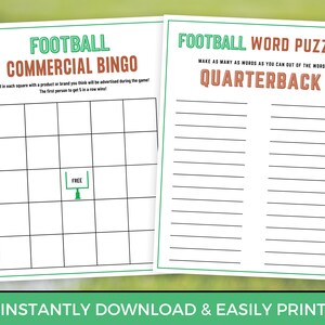 May include: Two printable game cards for a football-themed party. The first card is a bingo card with a football goal post in the free space. The second card is a word puzzle with the word "QUARTERBACK" printed in brown letters.