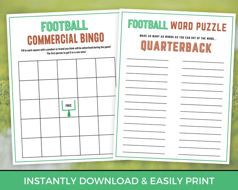 May include: Two printable game cards for a football-themed party. The first card is a bingo card with a football goal post in the free space. The second card is a word puzzle with the word "QUARTERBACK" printed in brown letters.