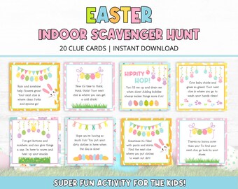 May include: Twenty printable Easter scavenger hunt clue cards with colorful illustrations of bunnies, eggs, and flowers. The cards feature rhyming clues for an indoor Easter egg hunt.